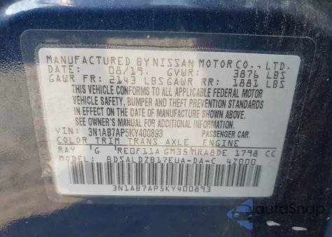 2019 Nissan Sentra Sv from USA, damaged, VIN 3N1AB7AP5KY400893